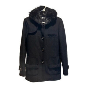 Vintage DKNY faux-fur trim hooded black 70% wool blend  jacket